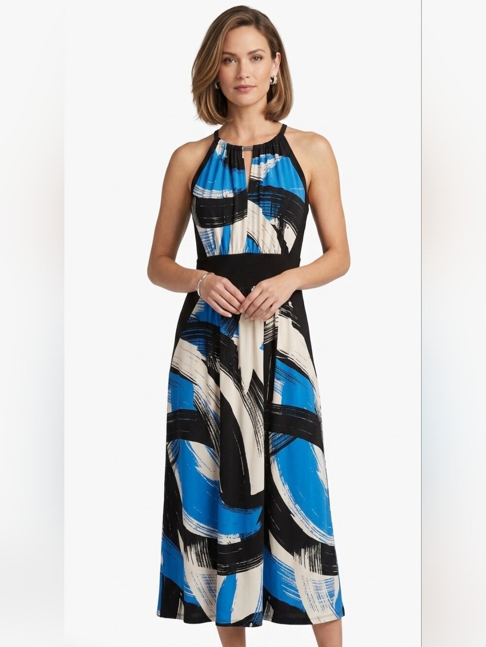 London Style Blue Brushstroke Halter Maxi Dress XL